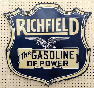DSP Richfield Gasoline Shield Modern Sign: Double sided porcelain Richfield Gasoline modern quality reproduction shield advertising sign. Has porcelain loss and wear. Displays well. Measures approximately 29in tall by 29in across