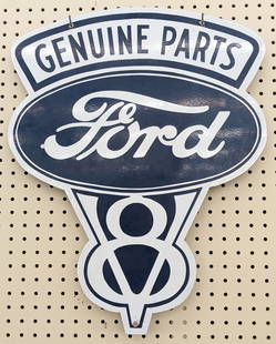 DSP Ford V8 Replica DEAR Advertising Sign: Double sided porcelain Ford V8 replica dealership advertising sign. Has some wear from display and storage. Measures approximately 24in tall by 19in across.