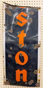 Vintage SSP Firestone Tires Cut Sign: Vintage single sided porcelain Firestone Tires partial cut advertising sign. Has porcelain loss and wear from use and age. Measures approximately 33intall by 15in across
