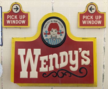 Vintage 6ft Wendy?s Embossed Plastic Adv Sign: Large vintage single sided embossed acrylic / plastic Wendy's advertising sign face. Has paint loss, scuffs, discoloration, and other wear from use and age. Does have a damaged bottom left corner. Sti