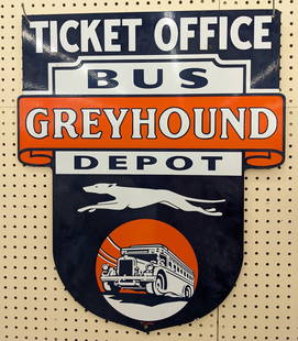 SSP Greyhound Bus Depot Ticket Office Replica Sign: Single sided porcelain Greyhound Bus Depot Ticket Office replica sign. Nice condition with light porcelain loss and wear from display. Measures approximately 30in tall by 25in across.