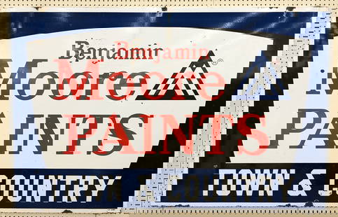 6ft Vintage SSP Benjamin Moore Paints Sign: Vintage single sided porcelain Benjamin Moore Paints Town & Country advertising sign. Has some porcelain loss, scratches, and other wear from use and age. Measures approximately 6ft across by 46in tal