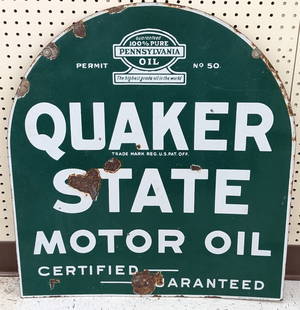 Vintage DSP Quaker State Motor Oil Tombstone Sign: Vintage double sided porcelain Quaker State Motor Oil tombstone advertising sign. Has porcelain loss scratches, surface rust, and other wear from use and age. Measures approximately 29in tall by 26-1/