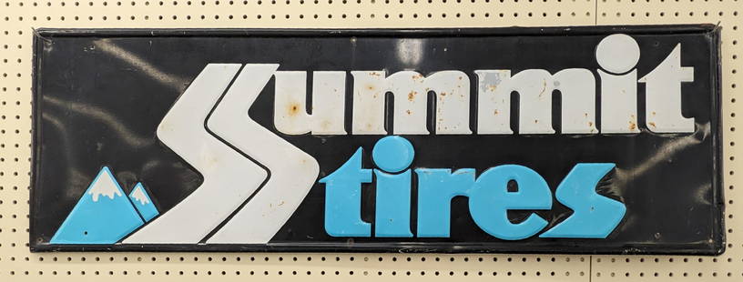 Vintage SST Summit Tires Embossed Advertising Sign: Vintage single sided embossed metal Summit Tires advertising sign. Has fading, discoloration surface rust, and other wear from use and age. Measures approximately 4ft across by 16in tall.
