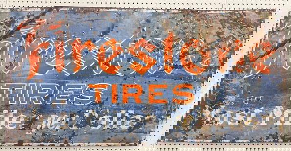 5ft Vintage SSP Firestone Tires Sign: Large vintage single sided porcelain Firestone Tores advertising sign. Has porcelain loss, rust, bends, and other wear from use and age. Display well with a nice original patina. Marked Balto. Enamel.