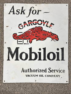 SSP Mobiloil Gargoyle Motor Oil Sign: Sign has a good bit of damage with touch ups. Measures 19.5in wide x 24in tall.
