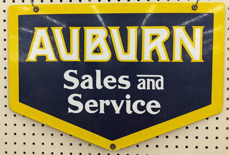 SSP Auburn Sales And Service Sign: Single sided porcelain Auburn Sales and Service ?sign. Appears to be in nice condition with light porcelain loss from display. Measures approximately 22in across by 15in tall.
