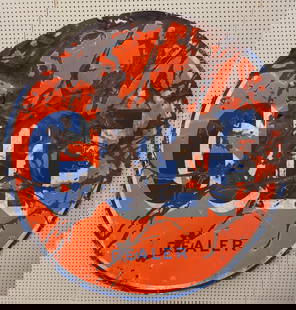 6ft DSP Gulf Service Station Sign: Large double sided porcelain Gulf service station advertising sign. Worn condition with porcelain loss, rust, bends, and other damage from use and age. Measures approximately 6ft in diameter.