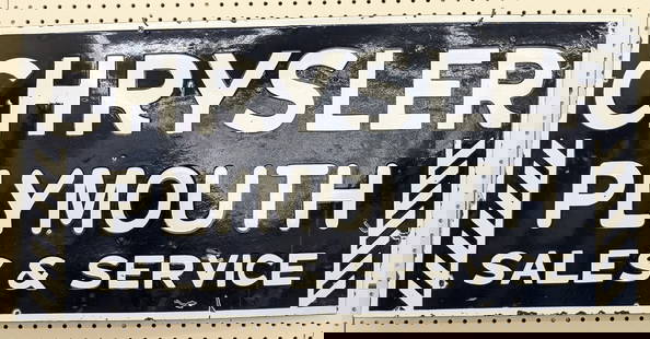 DSP Chrysler Plymouth Sales & Service Replica Sign: Double sided porcelain Chrysler Plymouth Sales & Service replica advertising sign. Has porcelain loss and wear. It measures approximately 42in across by 20in tall.