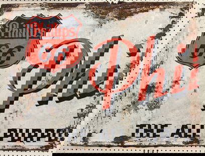 Vintage SST Phillips 66 Philgas Partial Sign: Vintage single sided metal Phillips 66 Philgas partial cut advertising sign. Has paint loss, rust and wear. Overall it measures approximately 45in across by 33in tall.