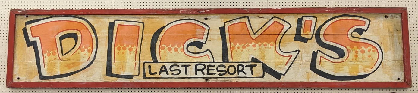 10ft SSW Dick?s Last Resort Restaurant Sign: 10ft single sided wood Dick's Last Resort single sided wood advertising sign. Has paint loss, weathering to wood, and other wear from use and age. Displays well. Measures approximately 10ft across by