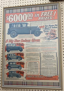 1928 Buick Dealership Framed Advertisement: Original 1928 Buick Dealership framed advertisement. Has discoloration, creases, and other wear from use and age. Overall with frame it measures approximately 30in tall by 21-1/2in across.