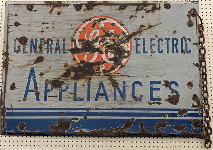 Vintage SSP General Electric Appliances Sign: Vintage single sided porcelain General Electric Appliances advertising sign. Worn condition with porcelain loss, scratches, discoloration, and other wear from use and age. Measures approximately 4ft a