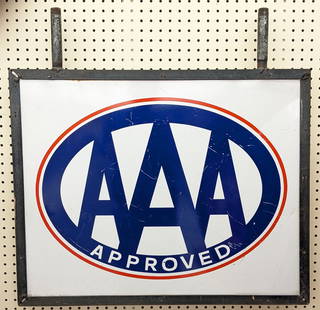 Vintage DST Triple A ? AAA? Approved Sign w/ Bracket: Vintage double sided metal AAA approved advertising sign with metal bracket. Has scratches / paint loss and other wear from use and age. Measures approximately 30in across by 24in tall.