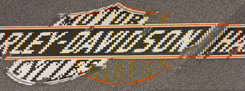 DSP Harley-Davidson Motorcycles Replica Sign: Double sided porcelain Harley-Davidson Motorcycles replica advertising sign. Has porcelain loss, rust, and other wear. Measures approximately 50in across by 18in tall