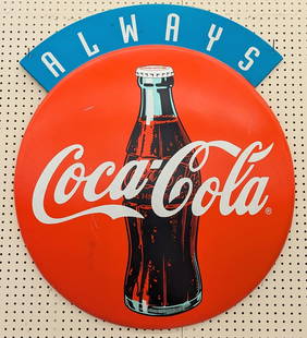 Coca-Cola Embossed Plastic Button Sign: Coca-Cola embossed plastic advertising sign. Appears to be in overall good condition with some scratches, discoloration, edge cracks, and other wear from display. Measures approximately 42in tall by 3