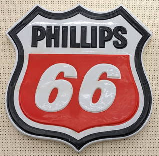 Large Phillips 66 Embossed Lighted Adv Sign 58x56: Large single sided embossed plastic / acrylic Phillips 66 Shield advertising sign. Appears to be in overall fair condition with discoloration , paint loss, large crack on the left side, and other wear