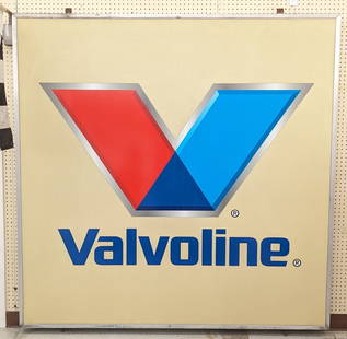 6ft Valvoline Motor Oil Lighted Sign: Large single sided Valvoline Motor Oil lighted advertising sign. Appears to be in good condition with some discoloration, scratches, and wear from use. Will need to be rewired for lighting. It