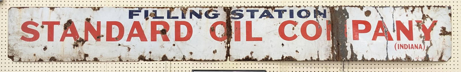Nearly 10ft Vintage SSP Standard Oil Co. IN Adv Sign: Large single sided porcelain Standard Oil Company Indiana Filling Station advertising sign. Worn condition with porcelain loss, rust damage, and other wear from use and age. Still displays well. It me