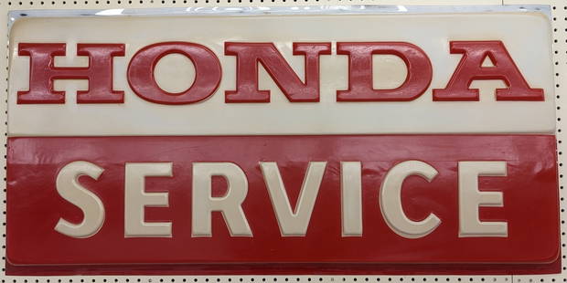 Vintage Honda Service Embossed Plastic Sign: Vintage single sided plastic / acrylic Honda Service embossed advertising insert sign. Appears to be in good condition with some discoloration and other wear from use and age. It measures approximatel