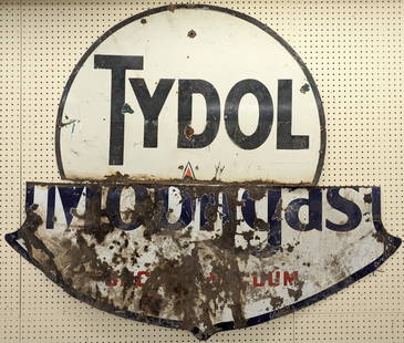 Lot Of 2 Vintage DSP Partial Signs Tydol & Mobil: Lot of two original vintage double sided porcelain service station partial advertising signs. Lot includes a Tydol and a Mobil Gas. They have porcelain loss, rust, and other damage from age. The Mobil