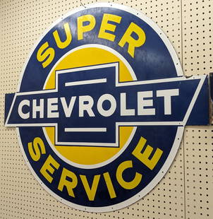 4ft SSP Chevrolet Super Service Dealership Replica Sign: Single sided porcelain Chevrolet Super Service dealership style replica advertising sign. Appears to be in nice condition with light porcelain loss and wear. Measures approximately 4ft across by 41in