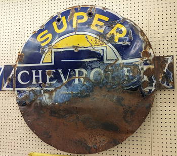 Scarce SSP Chevrolet Super Service Neon Skin Dealership Sign: Incredible original single sided porcelain Chevrolet Super Service original neon skin advertising sign. Rough condition with porcelain loss, rust damage, bends, and other wear from use and age. Hard t