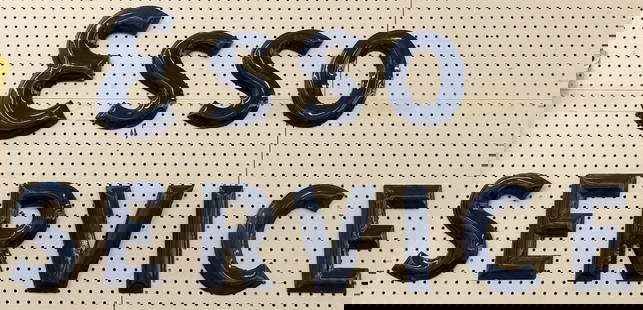 Vintage SSP Esso Service Station Letters Sign: Vintage single sided porcelain Esso Service Station letters advertising sign. Letters appear to be in good condition with some porcelain loss, rust, and wear from use and age. The the first "E" in