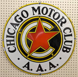 30in SSP Chicago Motor Club Replica Adv Sign: Single sided porcelain Chicago Motor Club replica advertising sign. Appears to be in nice condition with light porcelain loss and wear. Measures approximately 30in in diameter.