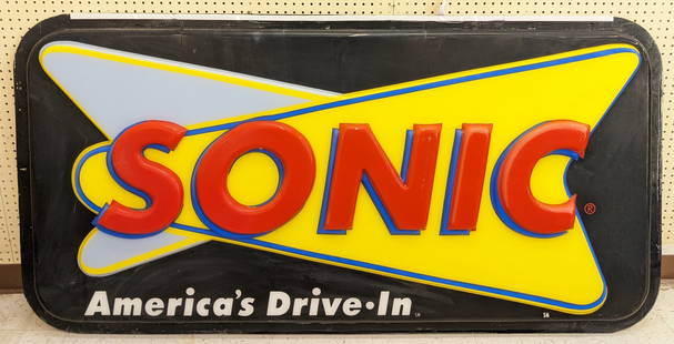 6ft Sonic Drive-In Embossed Plastic Adv Sign: Large single sided Sonic Drive-In embossed plastic / acrylic lighted sign insert face. Appears to be in overall good condition with a large crack on the top left side, and a hairline crack above the "
