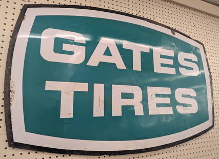 4ft Vintage SST Gates Tires Adv Sign: Vintage single sided metal Gates Tires advertising sign. appears to be in overall good condition with paint loss, surface rust, scratches, bends and wear from age. Marked " Donasco 68 ". Measures appr