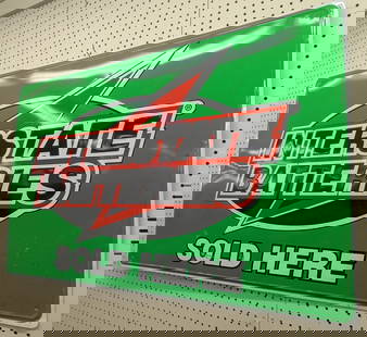 4ft SST Interstate Batteries Embossed Sign: Single sided embossed metal Interstate Batteries embossed advertising sign. Has some scratches and wear from use. Measures approximately 4ft across by 30in tall.