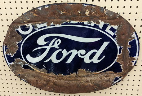 2ft Vintage DSP Ford Genuine Parts Dealer Sign: Original vintage double sided porcelain Ford Genuine Parts dealership advertising sign. Has porcelain loss, bends, and other wear from use and age. Still displays well. It measures approximately 2ft