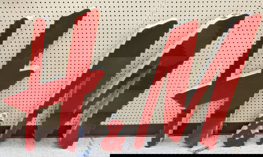 H&M Lighted Acrylic Advertising Sign: Large H&M lighted acrylic advertising sign. Letters feature metal cans with acrylic faces. They appear to be in good cosmetic condition with light wear from use. Will need to be rewired for lighting.