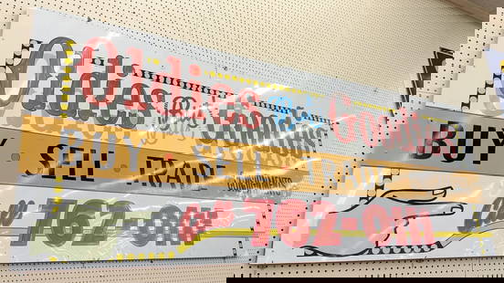 9-1/2ft SST Oldies But Goodies Consignment Store Sign: Large single sided metal hand painted Oldies But Goodies Consigment store sign. Good condition with paint loss and wear from use. Measures approximately 9-1/2ft across by 42in tall.
