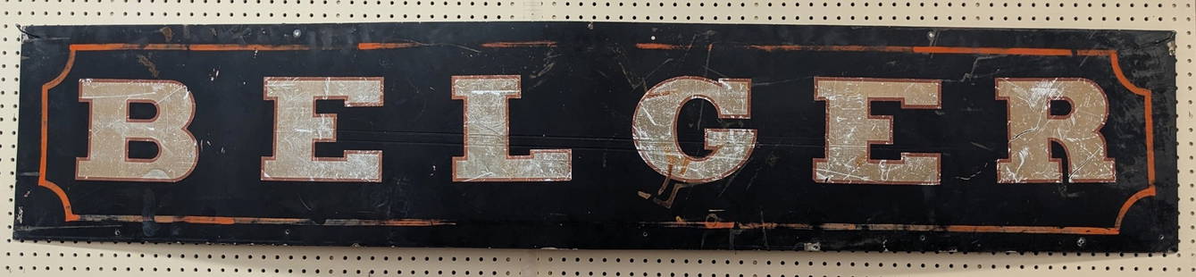 7ft Vintage SST Belger Trucking Sign: Vintage single sided metal Belger trucking advertising sign. Has paint loss, discoloration, and other wear from use and age. Displays well with a great patina. It measures approximately 7ft across by