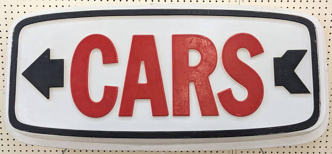 Vintage Cars Embossed Plastic Sign: Vintage single sided embossed plastic Cars lighted advertising sign insert. Appears to be in good condition with paint loss discoloration and other wear from use and age. Measures approximately