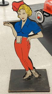 Custom DS Car Hop Figural Cut-Out Display: Unique custom double sided board car hop figural display. Has paint loss, staining, and other wear from display, age, and storage. Missing tray. Measures approximately 33in tall by 16-1/2in across.