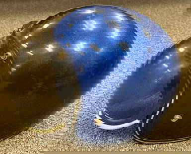 Vintage Metal Flake Race Helmet w/ Bubble Shield: Vintage blue metal flake race helmet with bubble shield. Has scratches, scuffs, and wear from use and age.