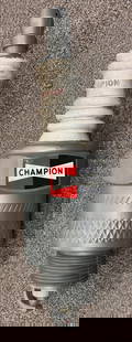 Large Vintage Champion Spark Plugs Hanging Store Display: Large vintage Champion Spark Plugs hanging plastic Spark plug store display. Good condition with paint loss, decal loss, and wear from age. Measures approximately 22in tall