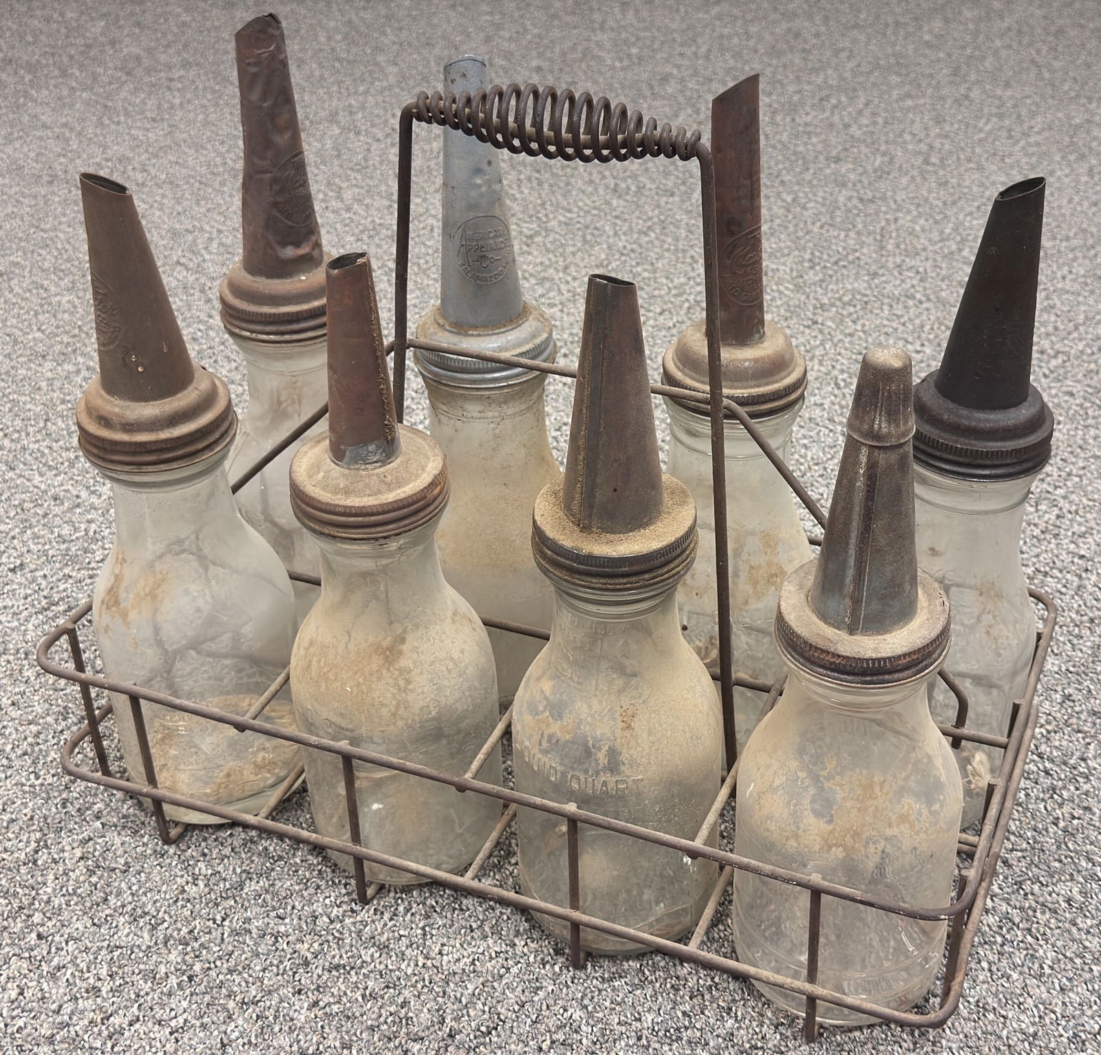 (8) Early Glass Oil Bottle w/ Spouts & Carrier (1 of 5)