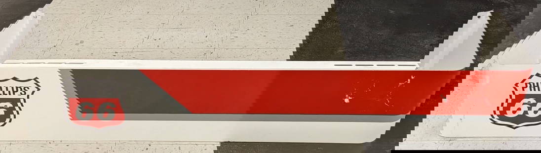 4-1/2ft Phillips 66 Service Station Metal Topper Sign: Large single sided metal a Phillips 66 gas pump topper sign. Sign originally was mounted above the gas pump island. Appears to be in good condition with some scratches and wear from use. Measures appr