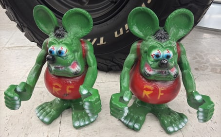 Lot Of 2 Cast Metal Rat Fink Statues