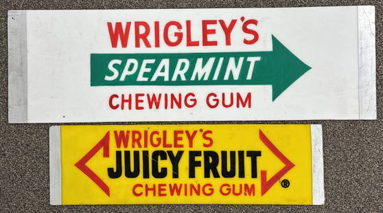 Lot Of Wrigley?s Gum Hand Painted Acrylic Sign: Lot of two hand painted Wrigleys Gum acrylic signs. Appear to be in good condition with some scratches and wear from display. The largest measures approximately 35in across