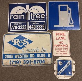 Lot Of 5 Metal Advertising Signs: Lot of five metal advertising signs. Lot includes a double sided Rain Tree, R&S Concrete Inc, reflective gas pump, Fire Lane, and changeable hazard sign. They vary in age and condition. Largest measur