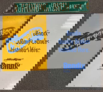 Lot Of 3 Metal Advertising Signs: Lot of three metal advertising signs. Lot includes a vintage single sided tin Cigarettes, double sided metal Bendix, and a single sided embossed metal Fighting Irish Street sign. They vary in age and