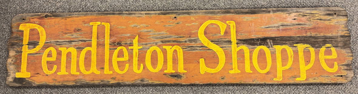 Large Vintage Pendleton Shoe Shoppe Wood Sign: Large vintage single sided wood Pendleton Shoe Shoppe advertising sign. Has paint loss and wear from use and age. Displays well with a great look. Measures approximately 70in across by 15in tall