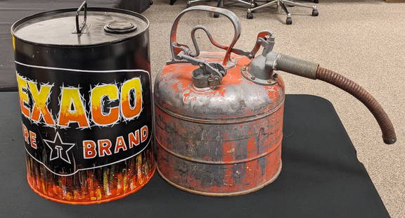 Texaco Fire Brand Oil Bucket & Hanover Aero Corp Gas Can: The bucket is in nice custom painted condition, and the gas can has heave wear from age.