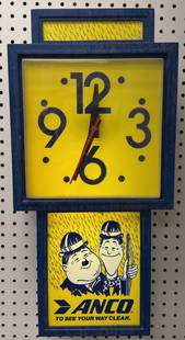 Vtg Anco Windshield Wipers Advertising Clock: Clock has a nice decal of Hardy and Laurel with wear from display and age. Measures 11.75in wide x 5in deep x 24in tall.