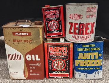(5) Vtg Various Brand Automotive Motor Oil & Antifreeze Cans